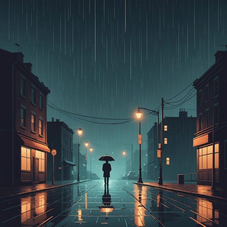 A haunting lo fi track embodying the essence of a late night walk through rain soaked city streets, where shadows dance around the flickering neon lights, creating an air of melancholy and mystery.