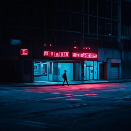 An instrumental new wave track featuring haunting synths and steady electronic rhythms, capturing the feeling of solitude and self reflection while wandering through a neon lit cityscape at night.