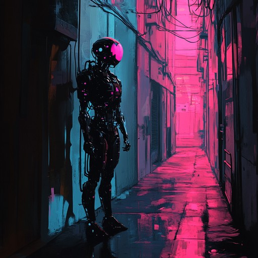 A haunting instrumental track with eerie synth melodies and pounding industrial drums that create a dystopian cyberpunk atmosphere, immersing the listener in a world of neon lit streets and looming shadows.