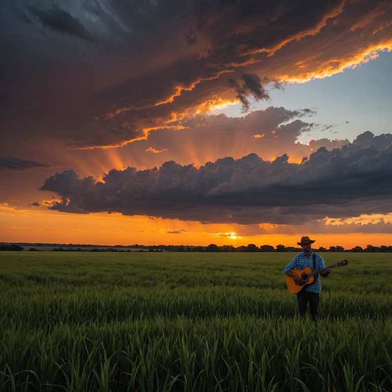 Imagine a song where acoustic guitar mastery meets the explosive power of a thunderous drumline, set against the backdrop of a storm sweaped rural landscape, evoking feelings of pushing through challenges with unabated courage and vigor.