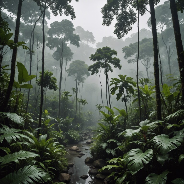 In the heart of a verdant jungle, amidst towering trees, the sounds of ancient drums resonate and echo. The song captures the deep tribal rhythms that seem to blend seamlessly with the distant cries of wildlife, evoking a sense of raw, primal earthiness and a connection to ancient traditions.