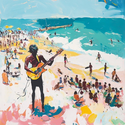 Picture a sunny beach filled with laughter and surfboards, with rock guitar riffs conveying the essence of joy and energy, driving an infectious and lively summer track