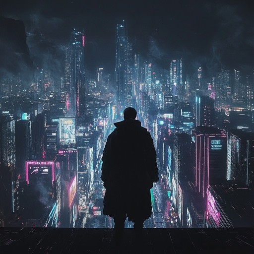 A haunting instrumental piece featuring melancholic synths and atmospheric soundscapes that evoke the feeling of isolation in a futuristic cyberpunk city illuminated by neon lights.