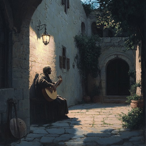 Imagine a medieval bard in a serene courtyard, his hands gently plucking at the strings of a worn lute, crafting melodies that echo through the stone corridors, inviting lingering spirits to whisper back their timeless tales. This alternative description deepens the narrative, invoking the presence of spectral listeners, enthralled by the bard's melancholic performance.