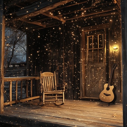 As the night deepens, a single acoustic guitar plays, its notes echoing across the open fields, blending seamlessly with the soft rustle of the wind through the grass, crafting a melody that resonates with the soul of the wilderness.
