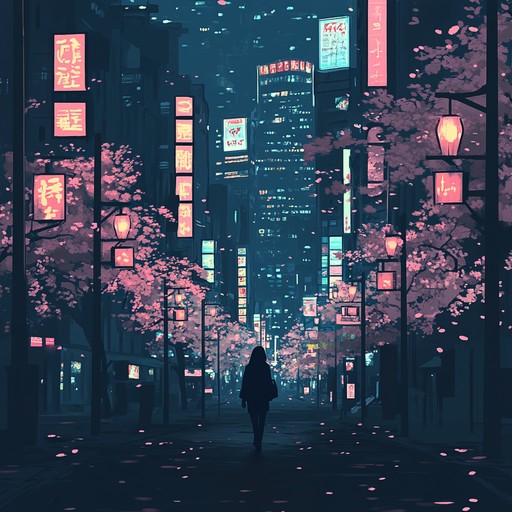 An ethereal instrumental j pop piece capturing the essence of wandering through tokyo's neon lit streets at night, where reality blends with dreams. Gentle synthesizers weave delicate melodies over a soft electronic beat, creating a dreamlike atmosphere that transports the listener to a serene yet vibrant nocturnal cityscape.