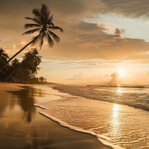 Imagine the gentle swaying of palm trees as the sun kisses the horizon, creating a golden shimmering path on the sea. A soft bossa nova melody plays, evoking warmth and heartwarming nostalgia of sunlit beachside afternoons. The sound of waves gently complements the rhythm, transporting you to a tranquil, blissful escape.