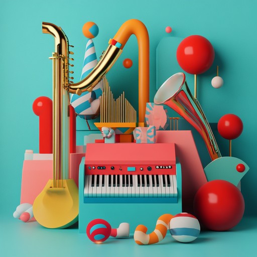 A cheerful piece combining mechanical sounds and lively melodies to create an amusing and upbeat atmosphere reminiscent of whimsical machines and joyful occasions.