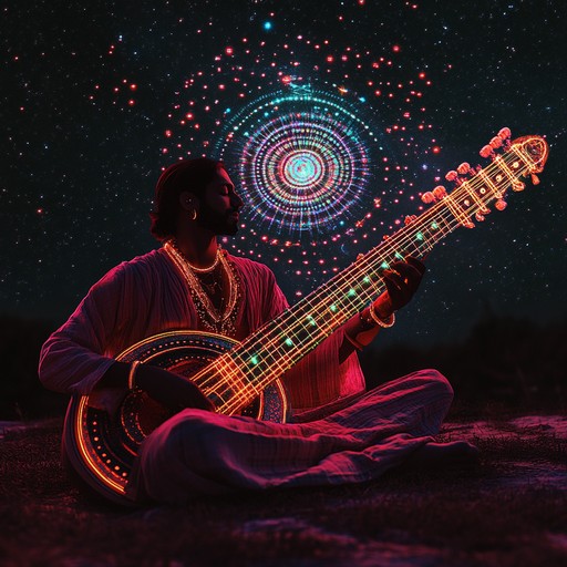An energetic instrumental combining classical sitar melodies with pulsating electronic beats, crafting a groovy and eclectic journey.