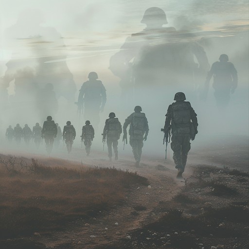 Imagine a ghostly battalion marching in the dead of night, their footsteps echoing through an abandoned battlefield. This composition features a haunting yet regimented rhythm, complemented by dissonant harmonies and unsettling undertones. The military precision of the drums contrasts sharply with the eerie, ghostly sound effects, creating a chilling atmosphere of spectral soldiers forever trapped in their duty