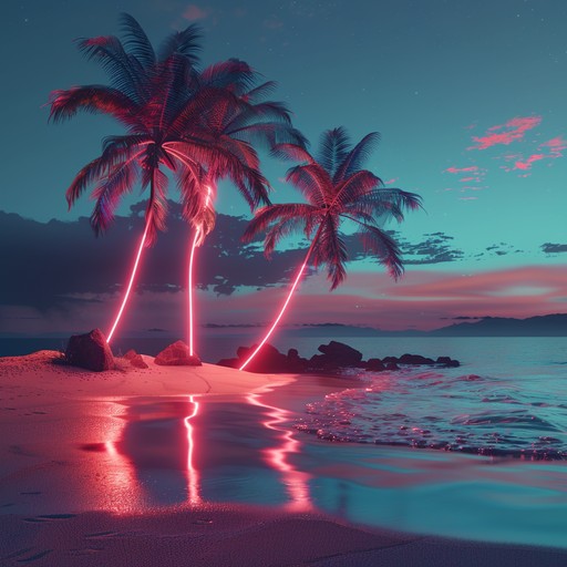 Picture a serene, otherworldly island of neon lit palm trees and gentle waves. Synthesized melodies and tropical percussions create a colorful, dreamy landscape blending digital and organic influences. Perfect for tranquil escapism with a futuristic twist.