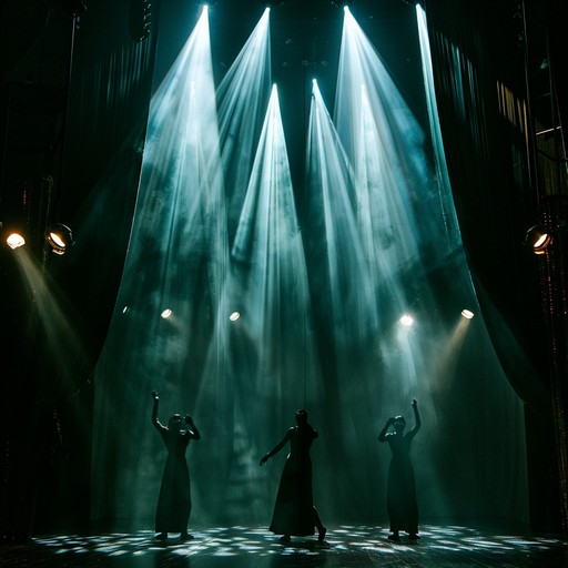 A menacing cabaret setting where dark, velvet curtains hide unsettling secrets. The intricate piano melody intertwines with unsettling silence, creating an atmosphere of tension. The bell tolls in the distance, signaling impending doom, while shadowy figures move in enchanting yet eerie synchrony, heightening the sense of dark foreboding. The composition slowly builds, evoking images of twisted narratives behind the performer's painted masks.