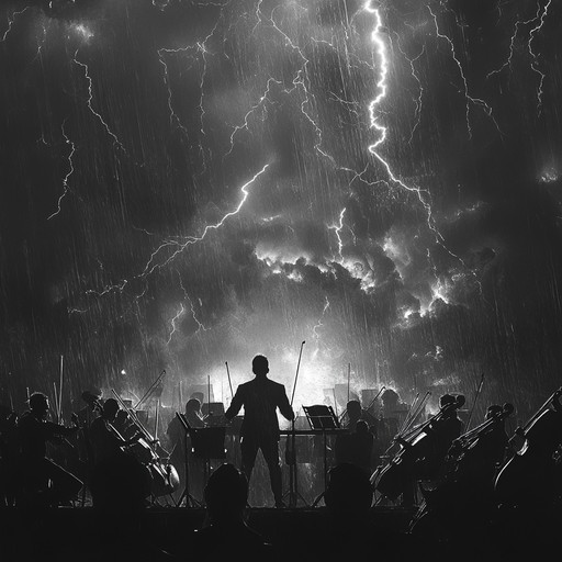 Imagine an orchestra caught in the eye of a storm, each instrument reflecting the chaos of relentless thunder and piercing lightning. Strings and brass clash in fierce harmony, pummeling the listener with dramatic crescendos and aggressive rhythms, evoking the sensation of nature's most ferocious tempests.