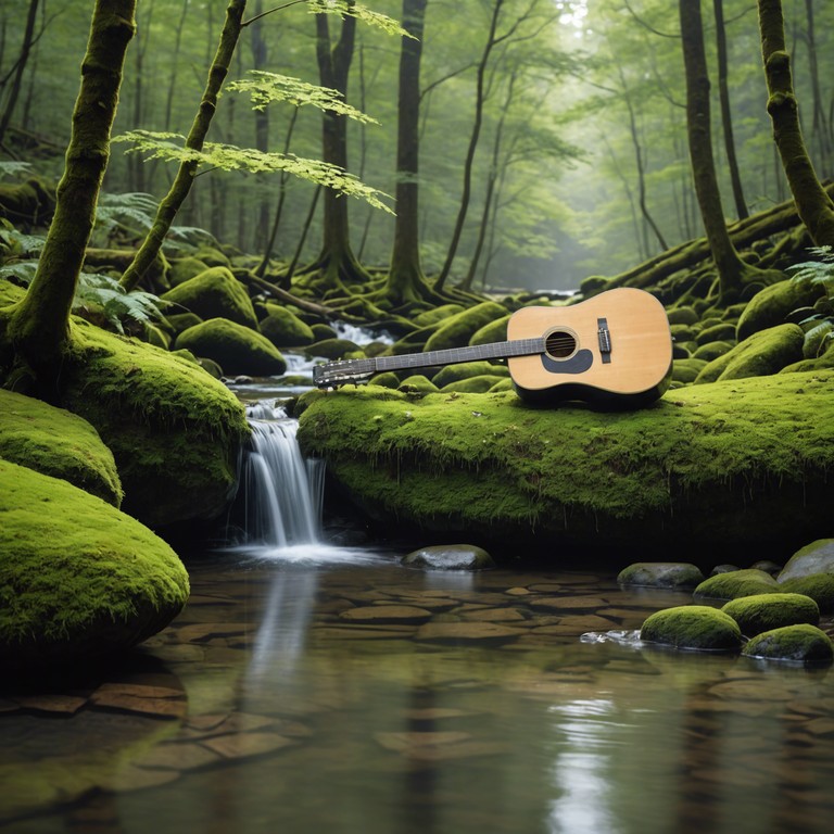 A soothing soundscape where the gentle strumming of electric guitar intertwines with the natural rhythms of a babbling brook, inviting listeners into a state of meditative relaxation.