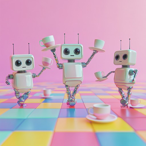 A joyful instrumental disco piece blending quirky synths and funky grooves, evoking a playful dance scene among robots in a whimsical setting.