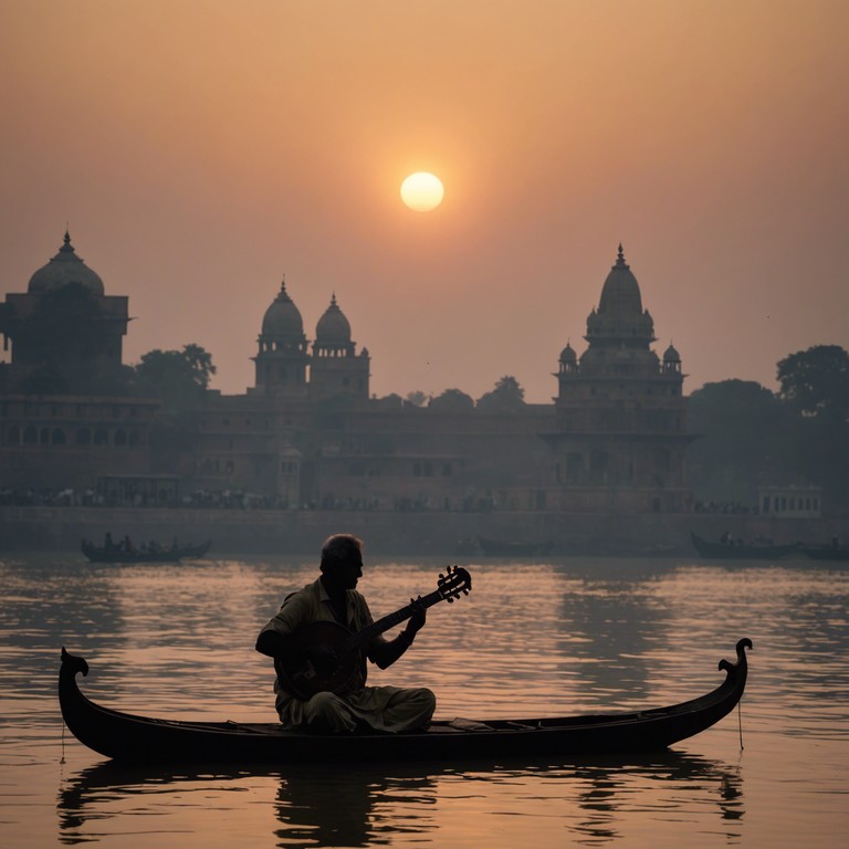 Drawing from the serene ambiance of a sunrise over the ganges, this composition utilizes traditional hindustani instruments to craft a soothing soundscape ideal for meditation or relaxation. It captures the spiritual essence of morning rituals along the sacred river.