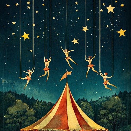 Imagine a night under the big top filled with the bold and daring performances of trapeze artists, illuminated by vintage circus lights, as vibrant and dynamic music fills the air, enhancing the thrill and excitement of each breathtaking stunt.