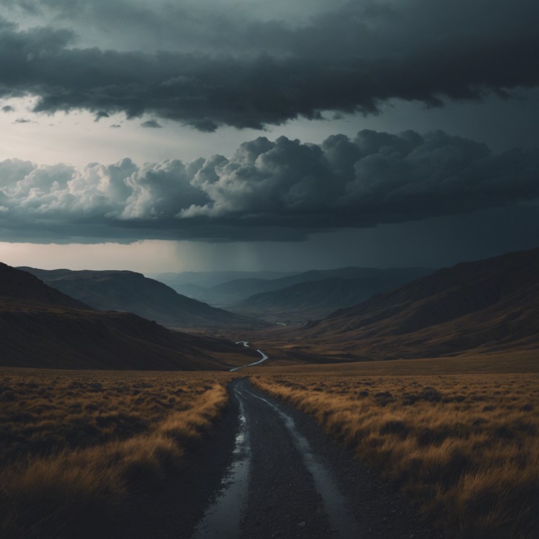 An orchestral piece evoking the suspense of an impending storm on quiet lands, marked by the swelling tensions of string instruments that paint a scene of both grandeur and looming peril. The composition builds towards an unresolved climax, leaving listeners on the edge of their seats, as if watching dark clouds roll in over a once peaceful valley.