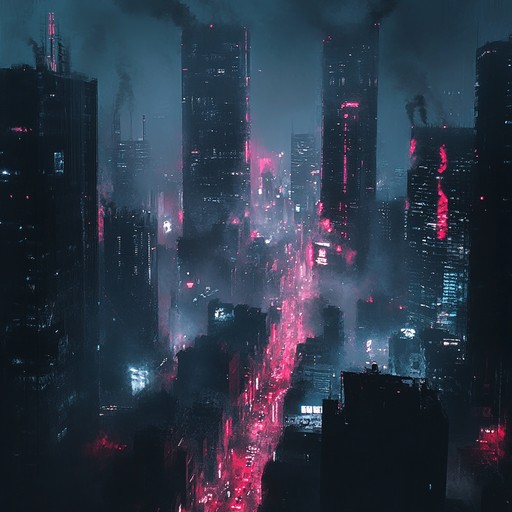 Dark, pulsating synths intertwine with ominous electronic beats, crafting a sense of impending doom and clandestine action in a neon lit, dystopian cityscape.