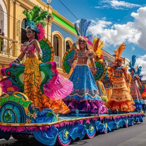 A vibrant, sun filled day at a summer street carnival. The uplifting brass bands intermingle with joyful rhythms, capturing the essence of celebration and community spirit. Perfect for scenes of happiness, dancing, and communal joy under a bright blue sky