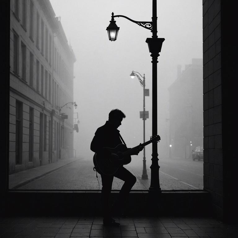 A deeper layer unfolds as a blues guitarist plays introspectively, crafting a soundscape that reflects the echoes of night, casting shadows of past tales told through the power and melancholy of each note.