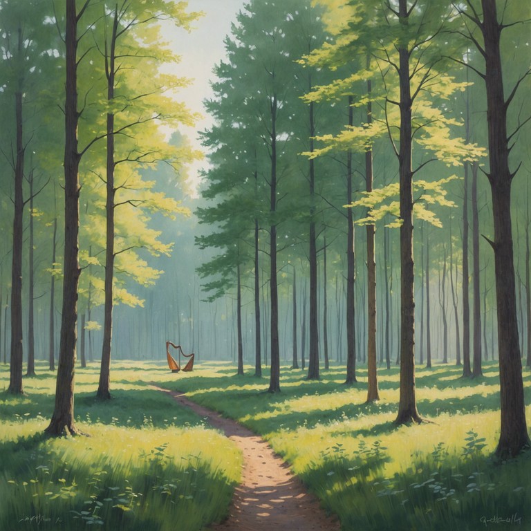 A soothing audio journey through a serene forest, replete with the soft sounds of a harp blending harmoniously with nature’s own morning serenade.