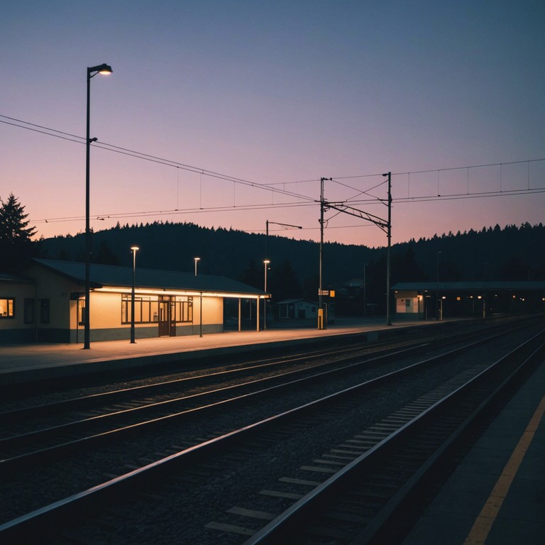 Visualizing an old, weather beaten train station during a foggy dawn, where the only sound is the distant whistling of a train and soft melancholic strums of a lone musician's steel guitar.