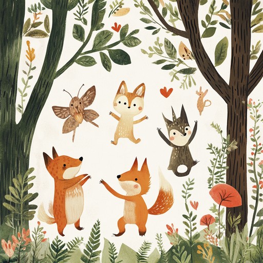 This merry and carefree track brings to life playful scenes of dancing forest creatures with whimsical melodies. Combining light hearted guitar strumming with joyful flute tunes and rhythmic hand claps, it's perfect for cheerful woodland adventures.