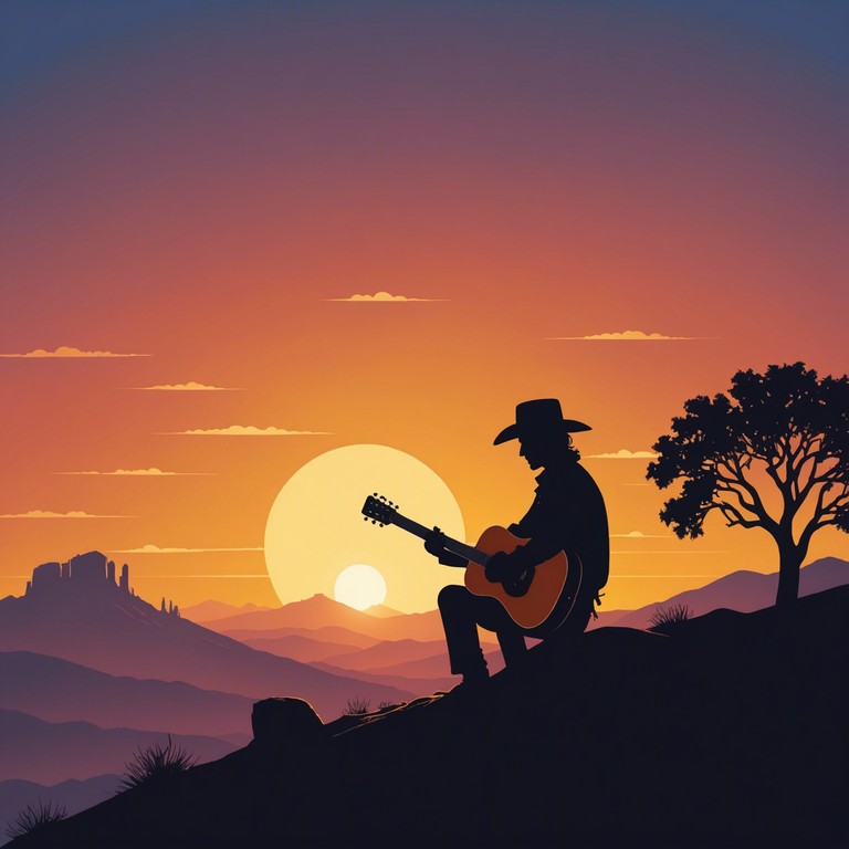 An evocative composition designed to convey the deep, introspective stillness of the desert as night descends. A lone acoustic guitar masterfully plays a contemplative melody that blends seamlessly with the sounds of the evening wilderness, creating a sense of intimate connection with nature.