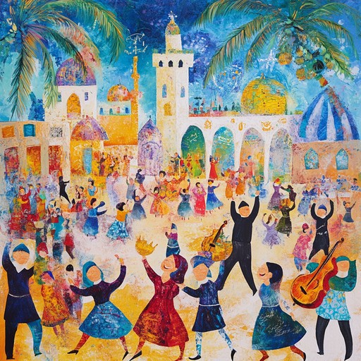 This lively track fuses traditional klezmer music with modern soundscapes, capturing the energetic and joyful spirit of jewish celebrations. The clarinet leads a dynamic ensemble, evoking feelings of festivity and unity.