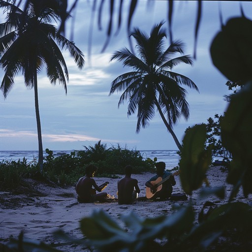 Experience the sultry atmosphere of a tropical summer night with playful bossa nova guitar and ambient rhythms, creating a relaxing and intimate setting by the sea.