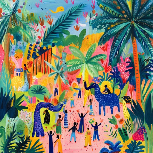 Venture into a lively jungle celebration with eclectic sounds, playful rhythms, and quirky animal calls. African drums and xylophones mix with whimsical synths, creating an exuberant auditory parade.