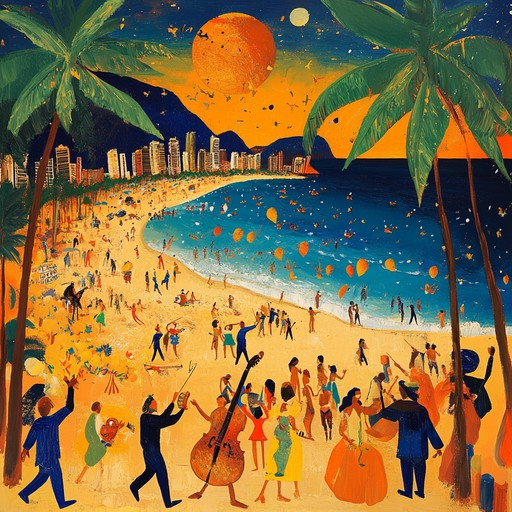 Feel the energy of a rio de janeiro sunset with funky bass and rhythmic brazilian percussion, creating a festive and vibrant atmosphere perfect for dancing.