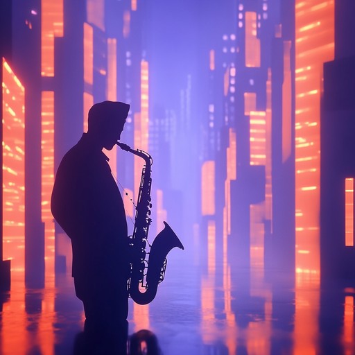 The backdrop of bustling evening streets filled with vibrant lights sets the stage for an electrifying saxophone performance, blending contemporary jazz with classic funk vibes.