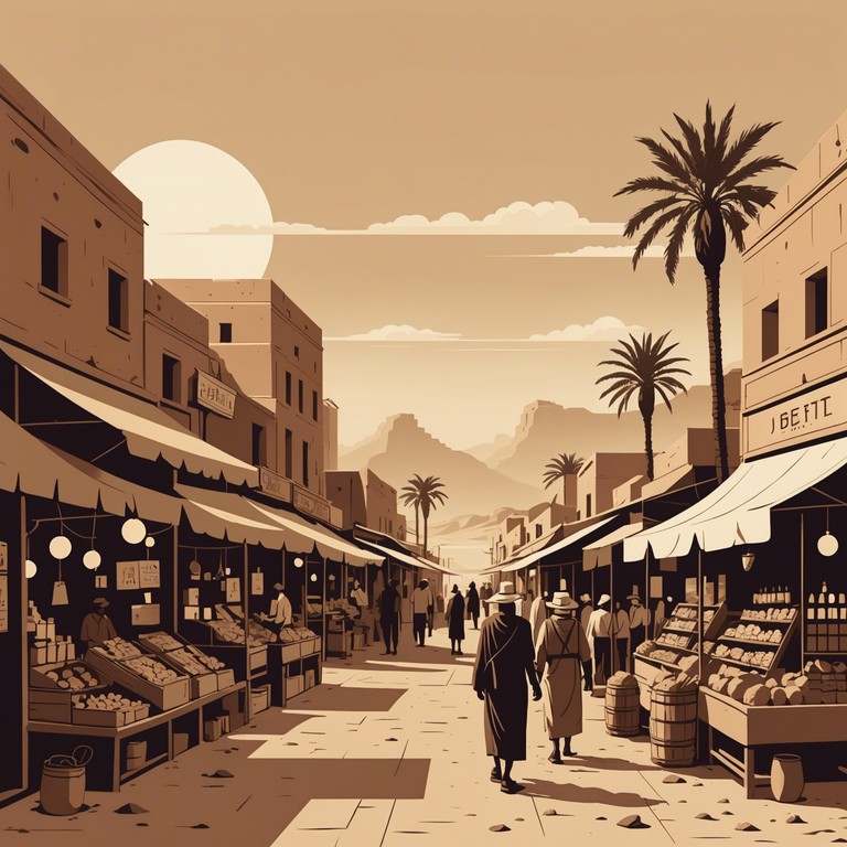 Imagine a piece that captures the essence of a bustling market in an old desert city at dusk. The low sun casts long shadows and the air carries the scent of spices and the distant call of the muezzin. A slow tempo, gritty ethnic composition created to evoke the feeling of nostalgia and mystery associated with ancient desert tales.