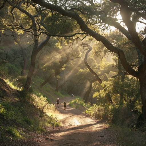 Picture a hopeful journey down a trail with the sounds of energetic bluegrass filling the air. The banjo plays quick, rhythmic notes that are both uplifting and lively, creating a backdrop for a joyous adventure. The groove is infectious, as each pluck of strings adds to the exhilarating pace and creates a harmonious atmosphere filled with hope and excitement