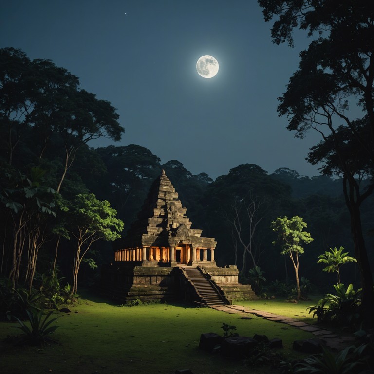 Imagine a sound constructed from the ground up to mimic the acoustic qualities of ancient, echo laden temple ruins, where each beat reverberates against stone walls, infused with traditional cumbia rhythms and complemented by the haunting sounds of nature in the night.