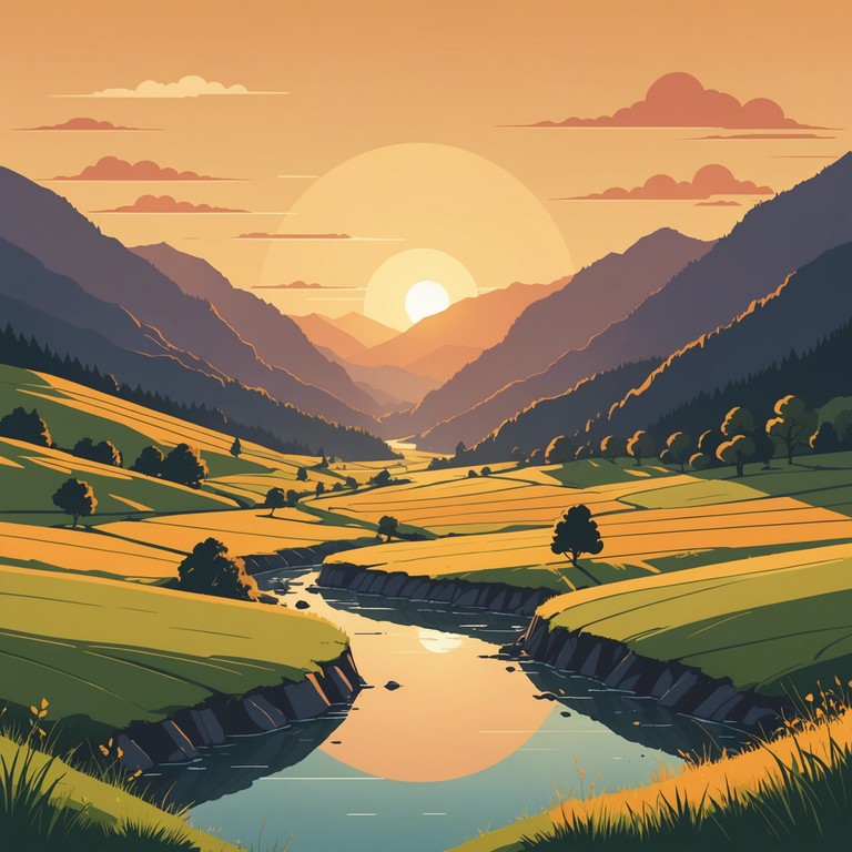 Imagine a gentle, heartwarming track that captures the serene beauty of a sunset over a lush, tranquil valley. The music reflects a sense of hope and peace, gradually building an uplifting atmosphere that leads the listener on a path of heartfelt contemplation.