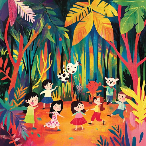 A lively instrumental piece featuring marimba melodies and rhythmic percussion that transport children through an imaginative jungle journey, encountering friendly animals and vibrant landscapes.