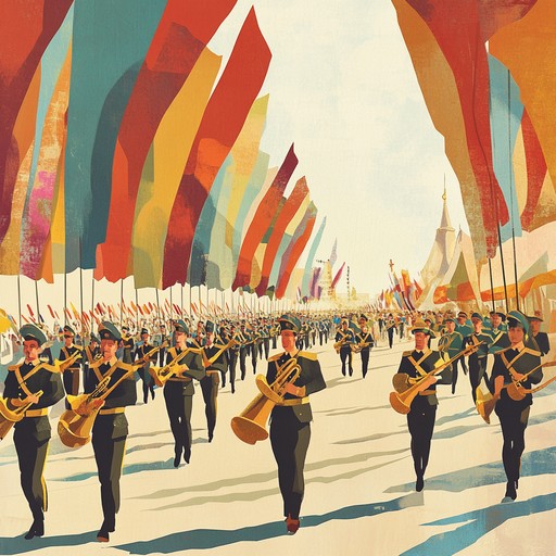 An instrumental composition that combines the grandeur of triumphant march with euphoric melodies, capturing the essence of a military parade celebrating a hard won victory. The piece employs robust brass sections with uplifting harmonies to evoke a sense of unity and unrestrained joy. A perfect soundtrack for moments of triumph and communal celebration on the battlefield