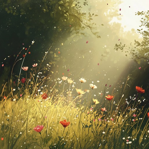 A delicate orchestral piece featuring strings and woodwinds, painting the serene image of a sun dappled meadow. This composition blends cinematic and calm music, creating a reflective and peaceful atmosphere, ideal for relaxation or meditation.