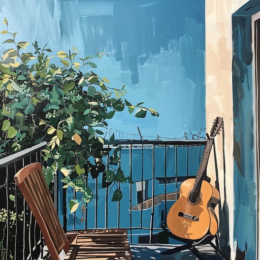 A gentle acoustic guitar melody plays, accompanied by the soft sounds of a summer night breeze. The music evokes the feeling of sitting on a balcony with a loved one, gazing up at the stars and enjoying each other's company.