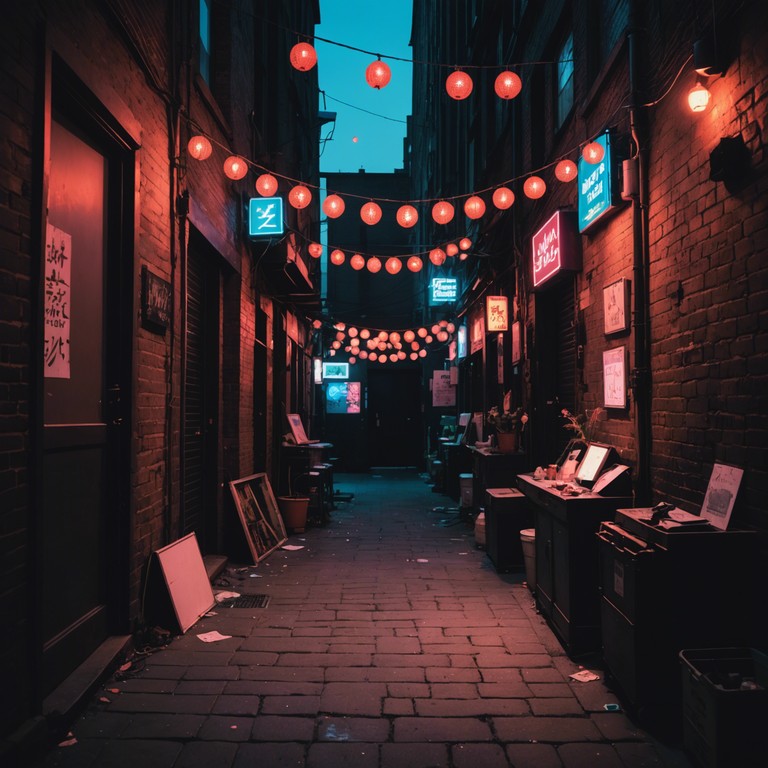 A fusion of underground electronic grit and vibrant cumbia rhythms fills the air, creating a soundscape that reflects the urban underbelly's pulsing life mixed with festive cultural roots. Think of a smoky street scene with colorful paper lanterns, where tradition meets the modern underground scene.