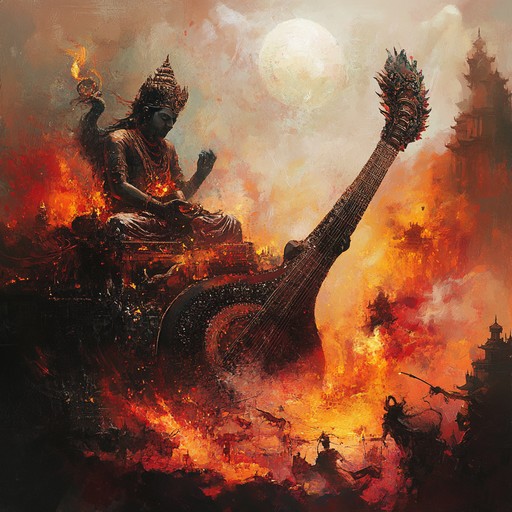 An instrumental fusion featuring blistering sitar combined with soaring electric guitars, evoking a powerful and passionate musical journey that bridges east and west