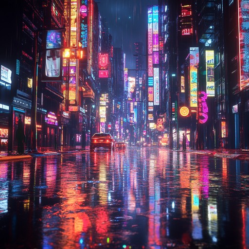 Mechanical, distorted synths and deep basslines create an unsettling, eerie atmosphere, capturing the essence of a cyberpunk dystopian cityscape teeming with hidden dangers.