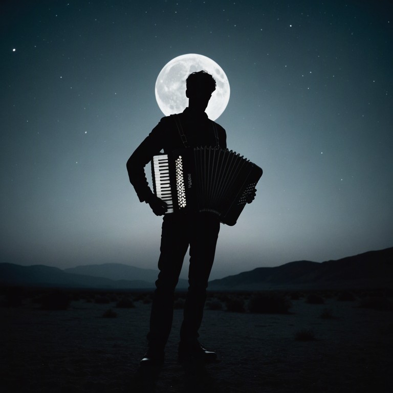 An instrumental narrative that captures the essence of desolation and eerie beauty, featuring a lonely accordion playing under the stark illumination of a full moon, creating a stark contrast between the folk roots and the haunting, almost spectral echoes that resonate across the open, moonlit desert.