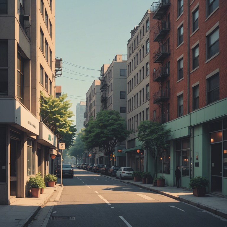 Captures the essence of a calm morning in the city, where the early sunlight filters through the quiet, still active streets, illuminating the gentle sway of daily life beginning anew. The music reflects this quiet awakening with its soft, nurturing beats and harmonious chimes.