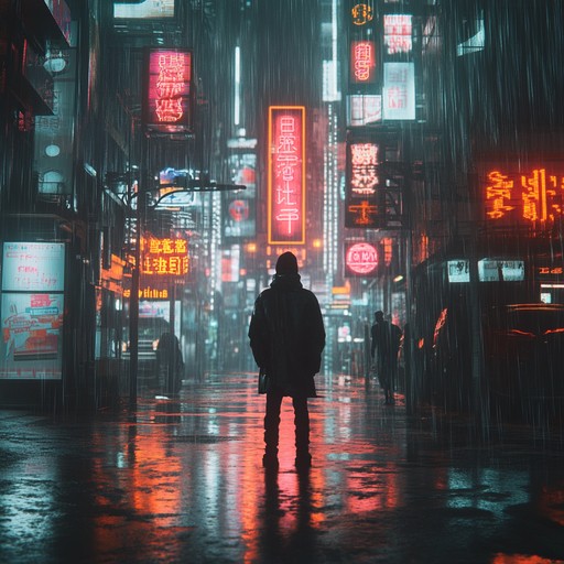 An instrumental track featuring atmospheric synthesizers and futuristic soundscapes, capturing the mystery of a cyberpunk city at night