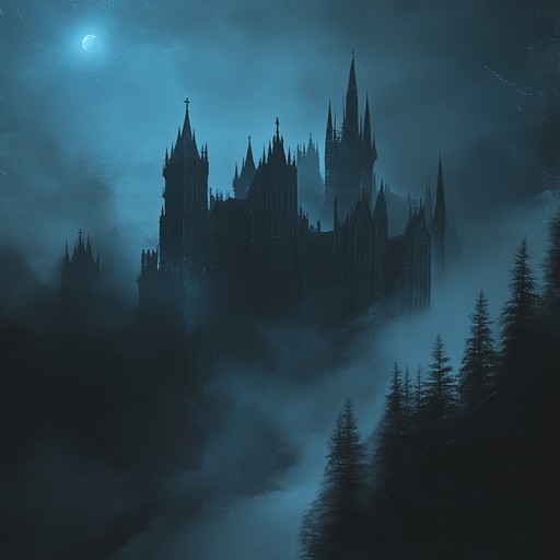 Eerie organ reverberations amidst crumbling castle walls, creating a timeless journey through shadowed sorrow and ethereal whispers, evoking a sense of haunting beauty and mystery.