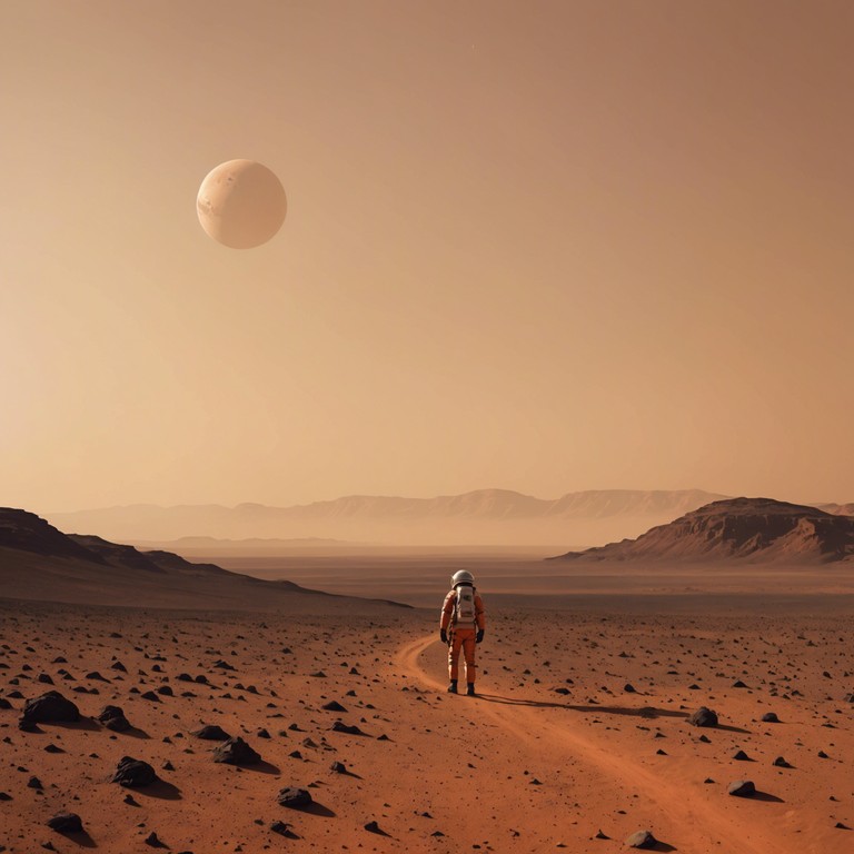 An instrumental track that imagines a desolate yet mesmerizing martian vista, where eerie melodic whispers and faint signals emulate the enigmatic and mysterious atmosphere of the red planet. Utilizing the theremin, the song blends a sense of eerie exploration with a backdrop of solitude, evoking the vast, barren martian landscapes with an unsettling but entrancing sound. The composition uses a progressive structure, growing more complex and intense, suggesting a journey through the unexplored terrains of mars.